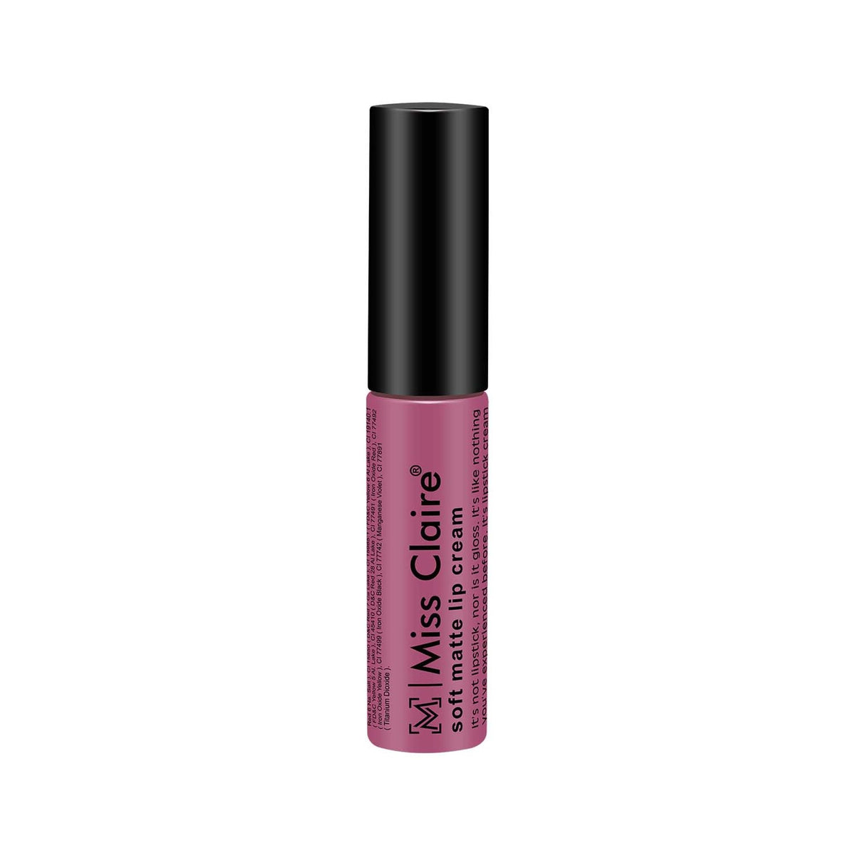 Miss Claire soft matte lip cream with black cap on a white background