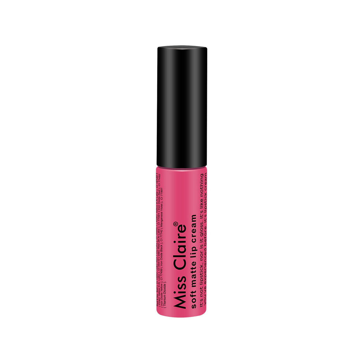 Pink lip cream with black cap on a white background