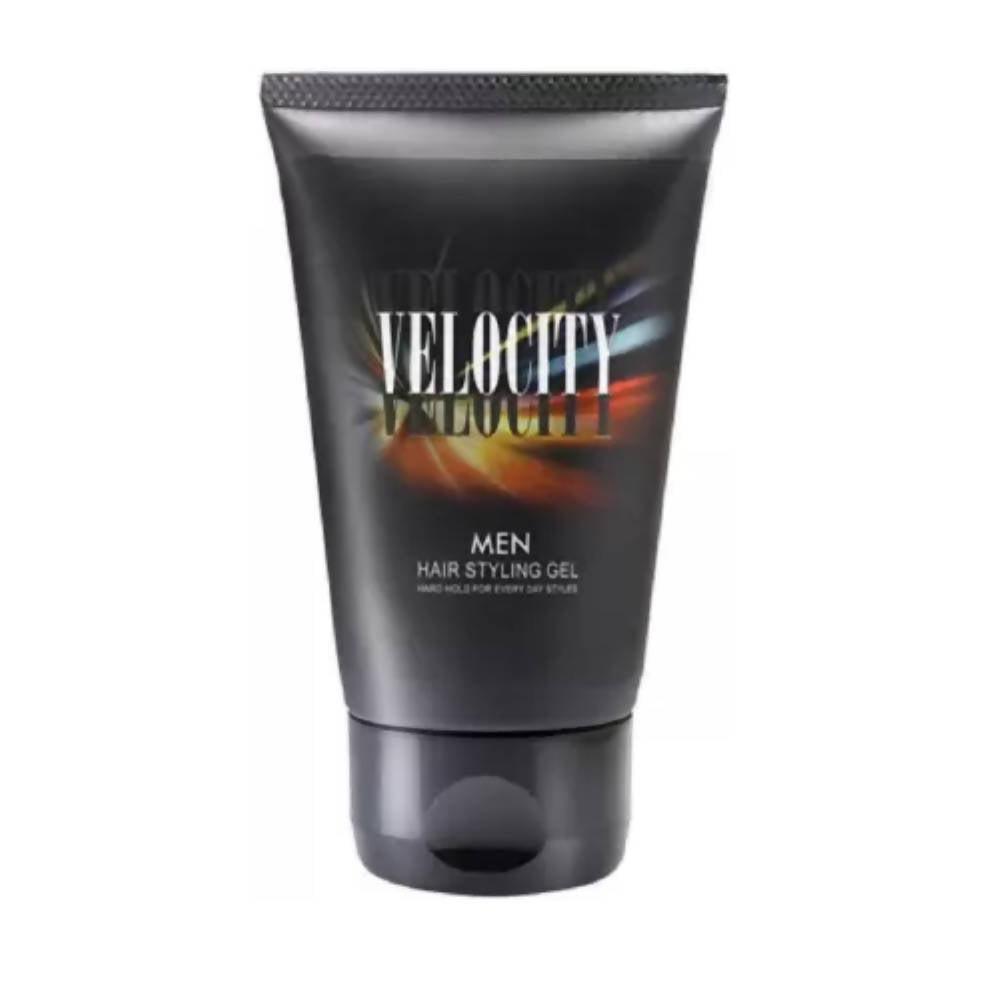 Black tube of Velocity Men hair styling gel on a white background