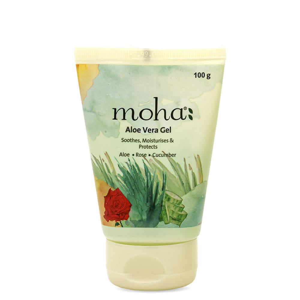 Tube of moha Aloe Vera Gel with aloe vera plant and rose design on a white background
