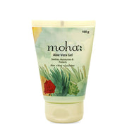 Tube of moha Aloe Vera Gel with aloe vera plant and rose design on a white background