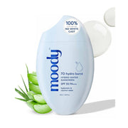 Moody 7D hydro burst sunscreen bottle with aloe vera leaves on a white background