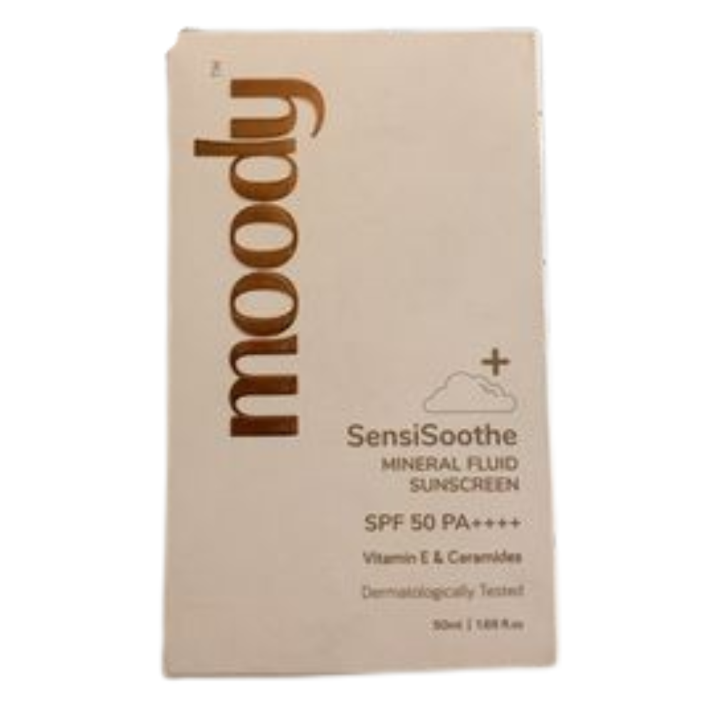 Beige box of SensiSoothe Mineral Fluid Sunscreen with 'moody' branding on a white background