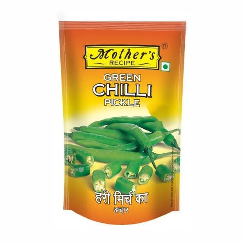 Packaging of Mother's Recipe Green Chilli Pickle with green chillies on a white background