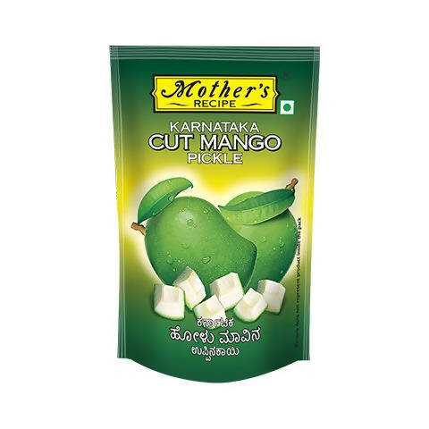 Pack of Mother's Recipe Karnataka Cut Mango Pickle with green and yellow design.