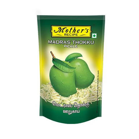 Packaging of Mother's Recipe Madras Thokku Pickle with green color scheme.