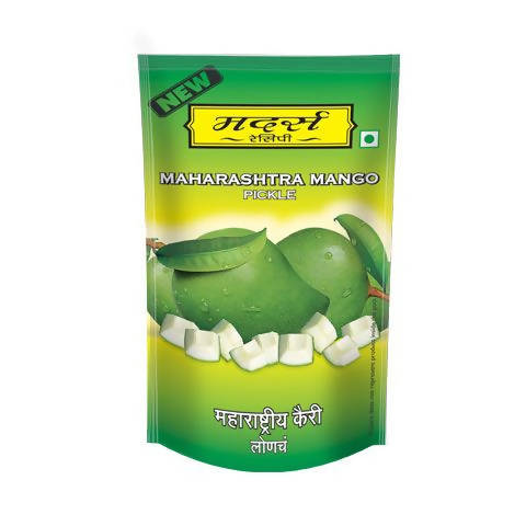 Packaging of Maharashtra Mango Pickle with green leaves and white cubes on a green background.