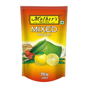 Packaging of Mother's Recipe Mixed Pickle with lemon and green leaf design on a white background