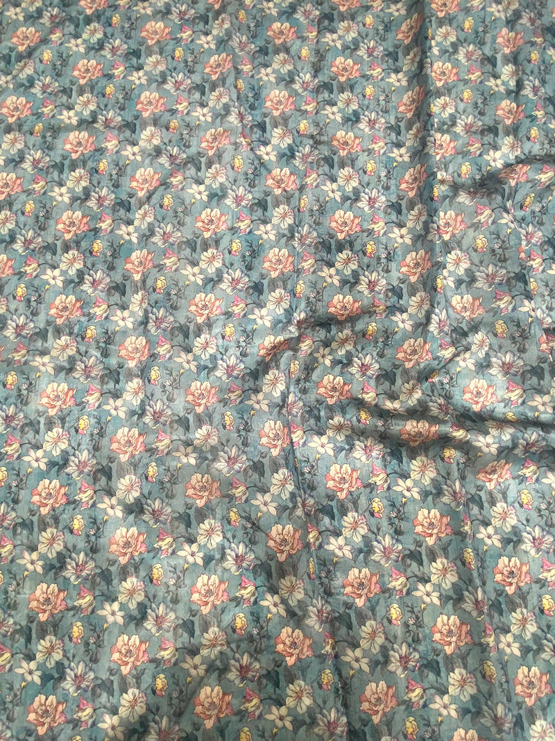 Blue Soft Tussar Silk Digital Floral Saree