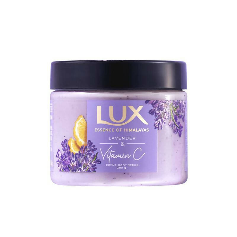 Lux lavender and vitamin C body scrub jar on a white background