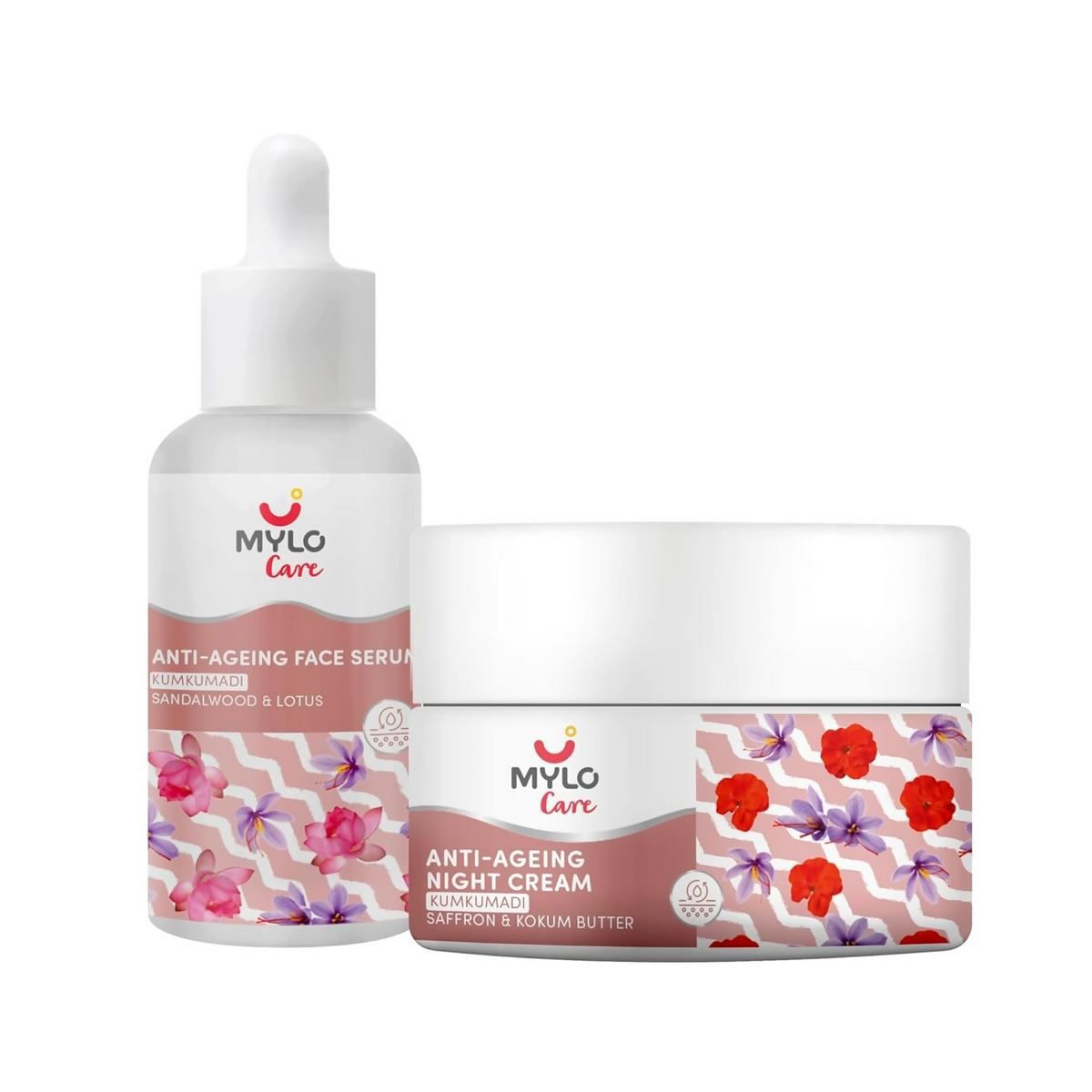 MYLO Care anti-ageing face serum and night cream on a white background