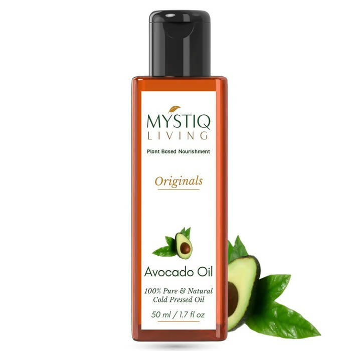 Mystiq Living Avocado Oil bottle with avocado graphics on a white background