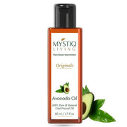 Mystiq Living Avocado Oil bottle with avocado graphics on a white background