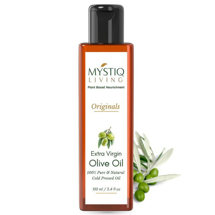 Bottle of Mystiq Living Extra Virgin Olive Oil on a white background