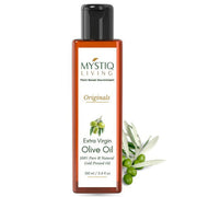 Bottle of Mystiq Living Extra Virgin Olive Oil on a white background