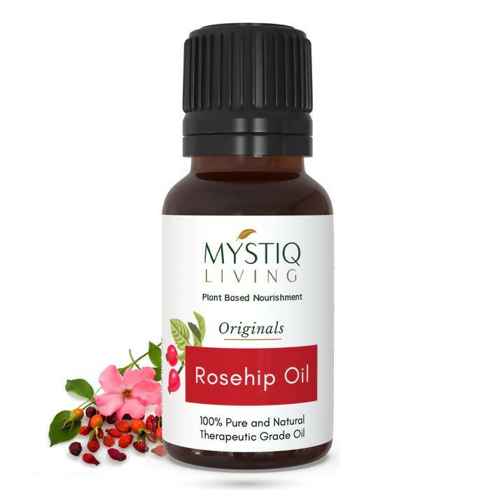 Bottle of Mystiq Living Rosehip Oil with a white background