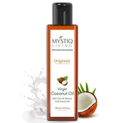 Bottle of Mystiq Living Virgin Coconut Oil with a white background