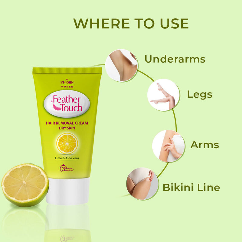 VI-JOHN Feather Touch Lime & Aloevera Hair Removal Cream for Women for Dry Skin, Suitable for Legs, Underarms, Bikini Line, Arms