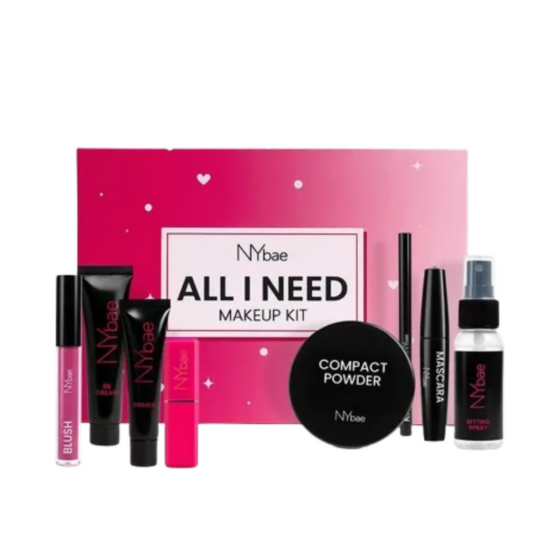 NYbae All I Need makeup kit with various products on a white background