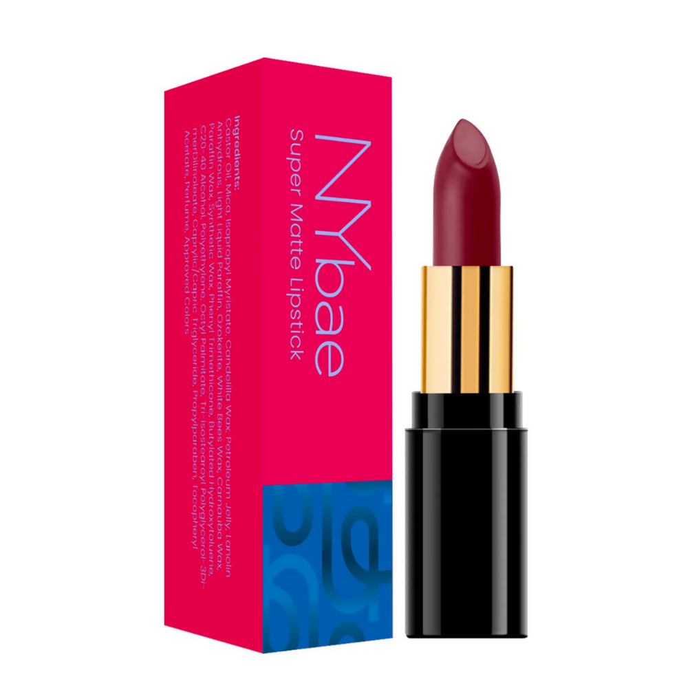 NYbae lipstick with pink packaging on a white background