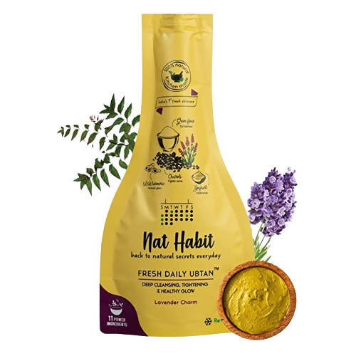 Yellow packaging of Nat Habit Fresh Daily Ubtan with lavender and green leaves on a white background