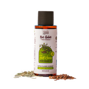 Bottle of 'Post Hema Stain Boost Oil' with herbs on a white background