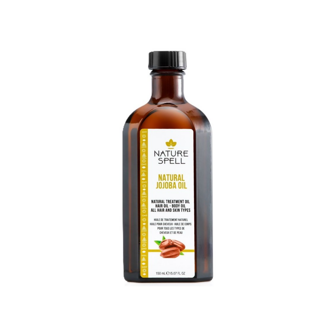 Bottle of Nature Spell Natural Jojoba Oil on a white background