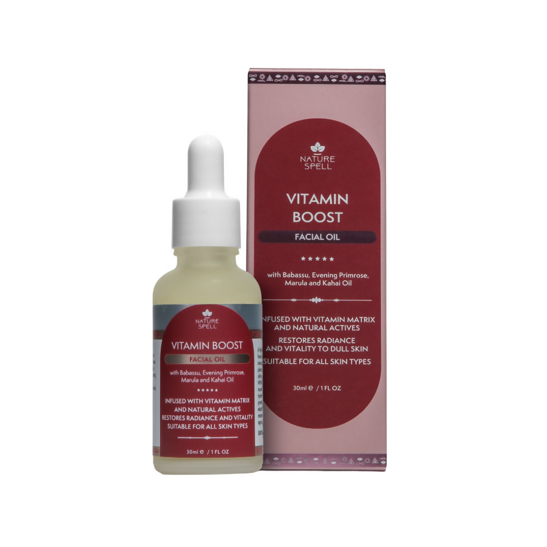Nature Spell Vitamin Boost facial oil bottle and packaging on a white background