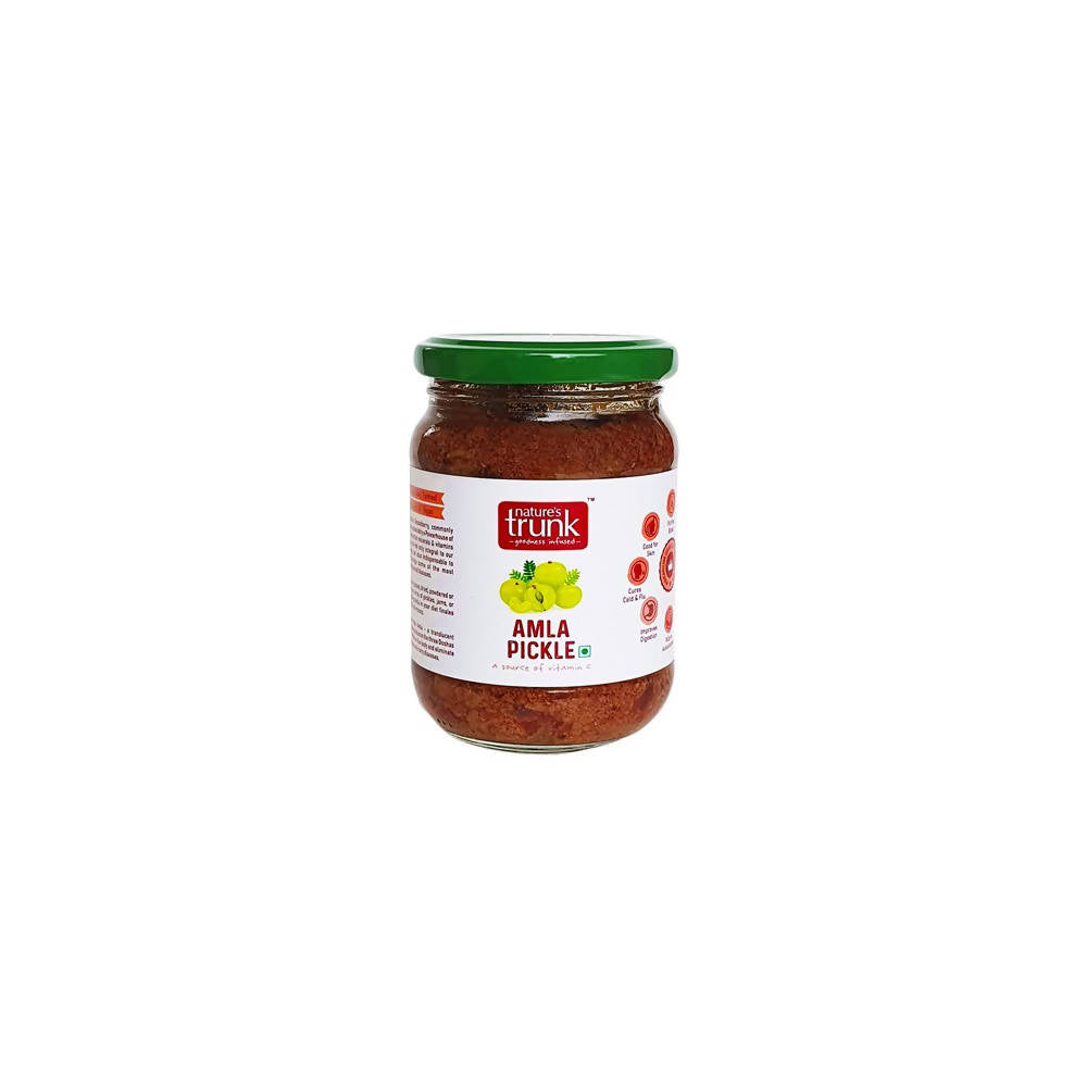 Jar of Amla pickle with a green lid on a white background