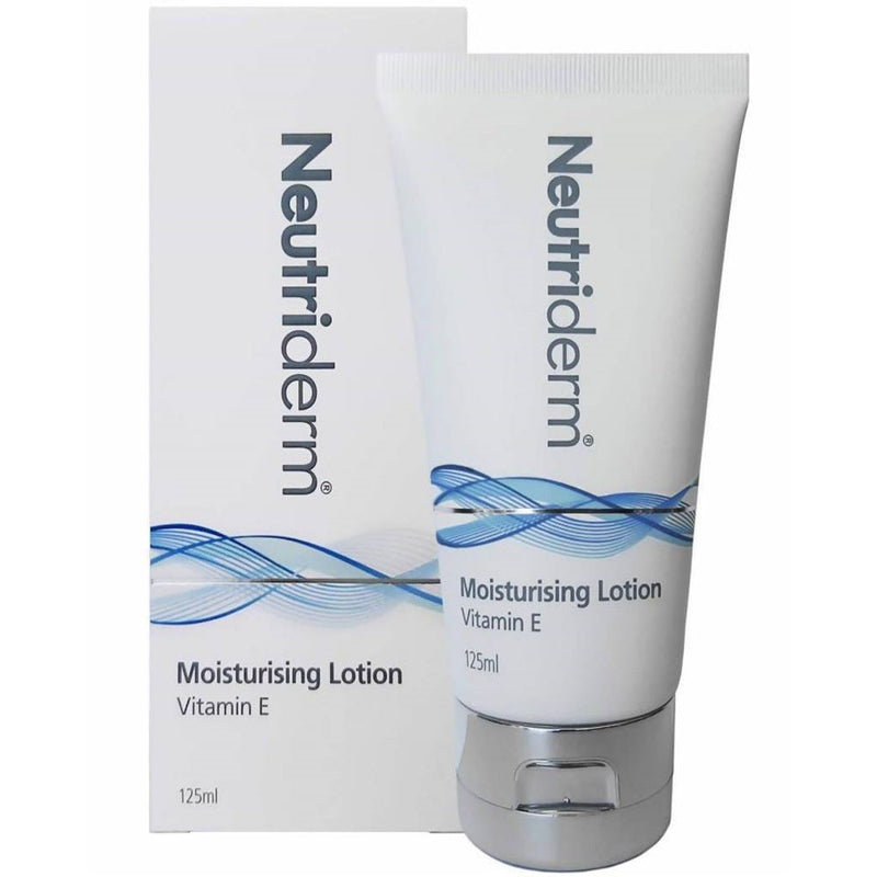 Neutriderm Moisturising Lotion Vitamin E in packaging, with tube and box displayed.