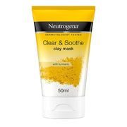 Neutrogena Clear & Soothe clay mask tube with yellow and black design on a white background
