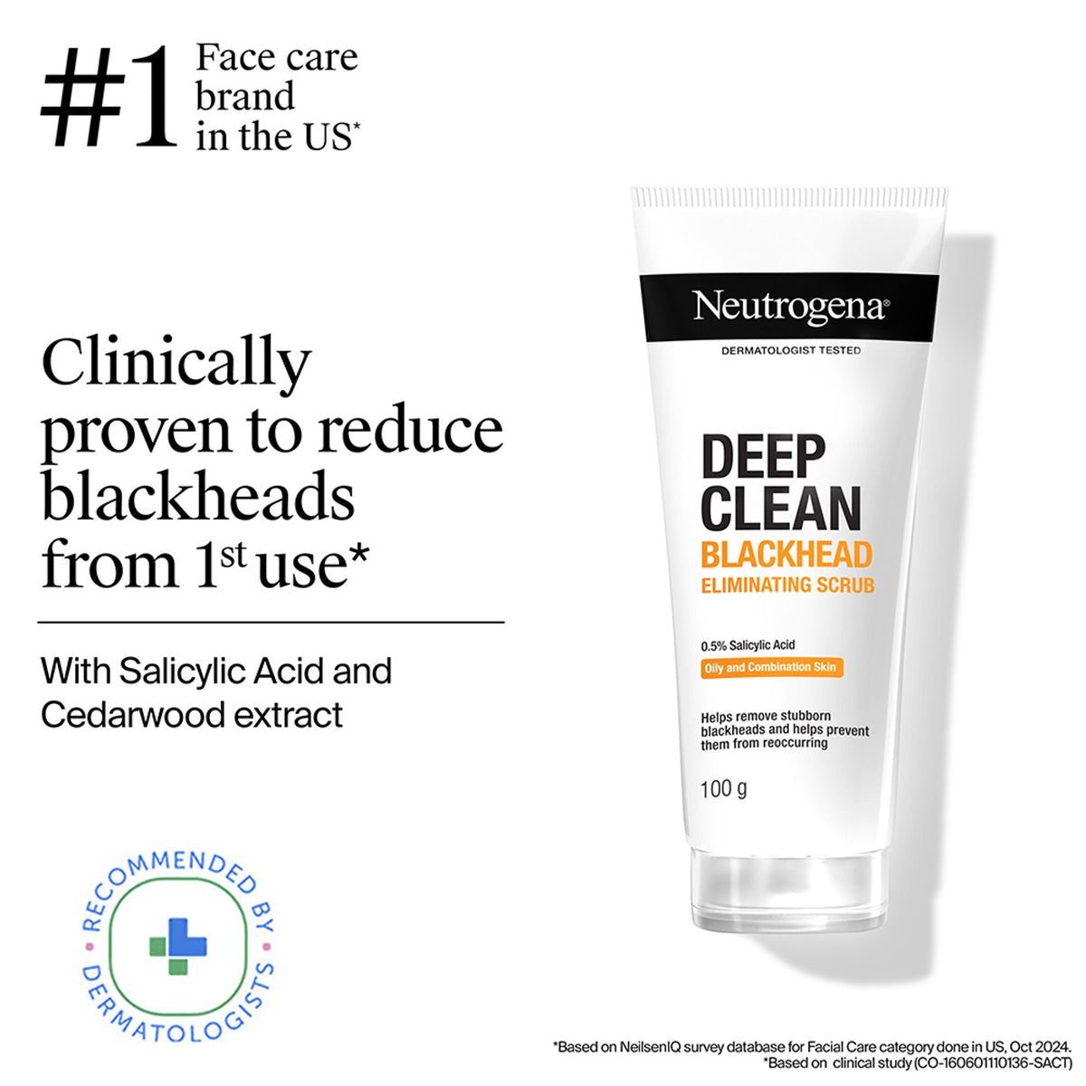 Neutrogena Deep Clean Blackhead Eliminating Scrub tube with text on a white background