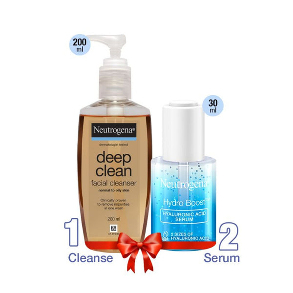 Neutrogena deep clean facial cleanser and Hydro Boost serum on a white background