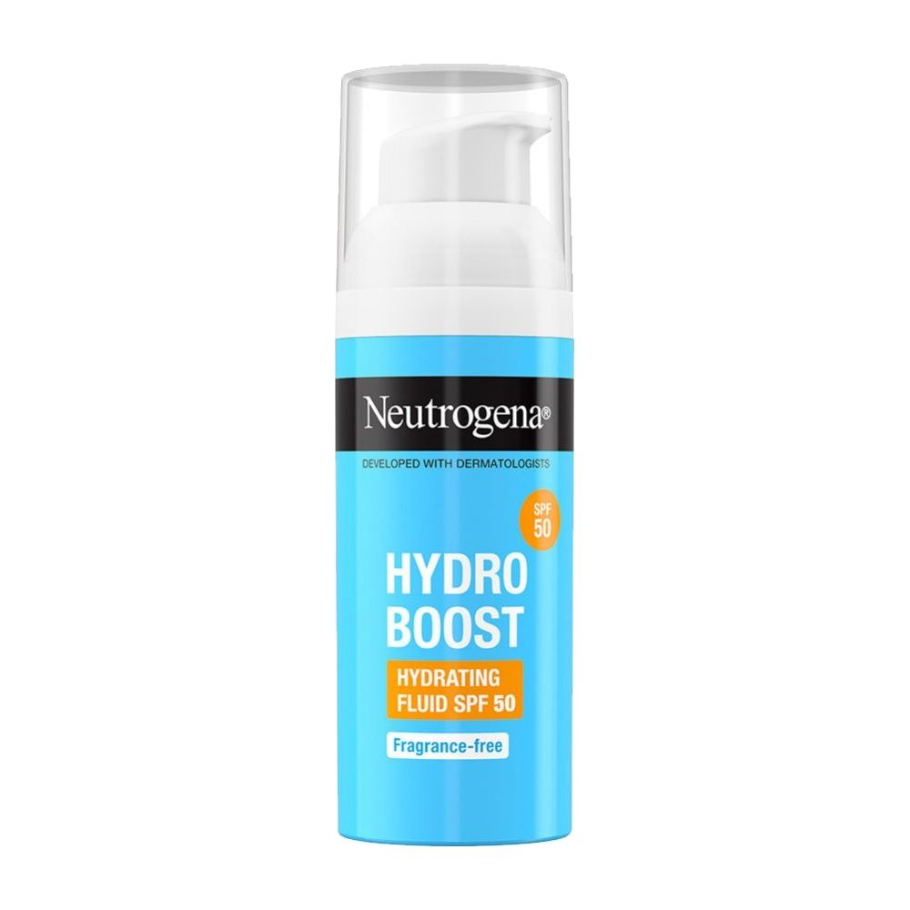 Neutrogena Hydro Boost Hydrating Fluid SPF 50 bottle on a white background