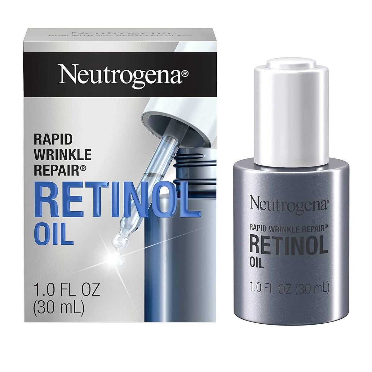 Neutrogena Rapid Wrinkle Repair Retinol Oil packaging and bottle on a white background