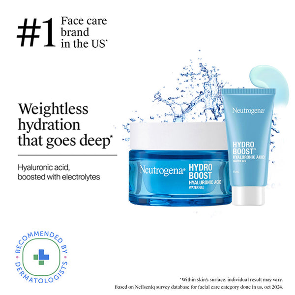 Neutrogena Hydro Boost skincare products with text about weightless hydration and dermatologist recommendation.