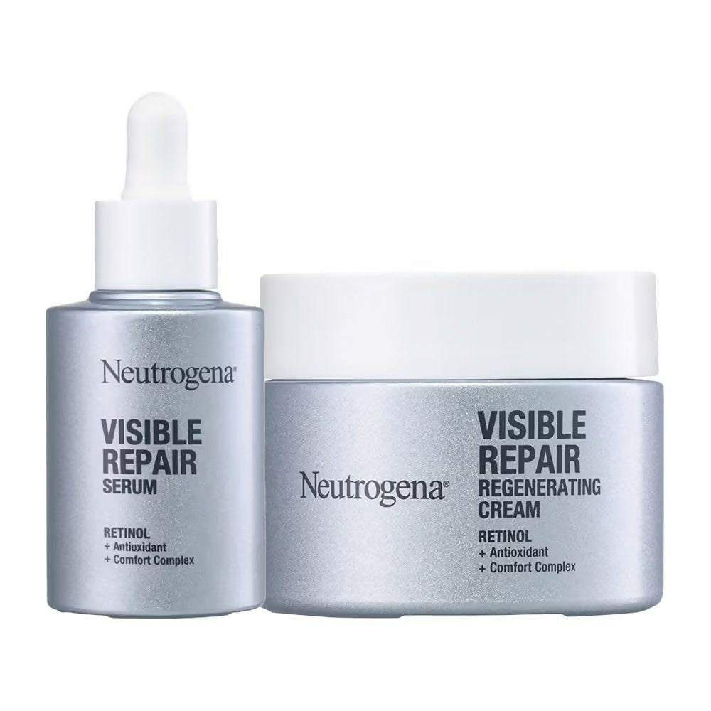 Neutrogena Visible Repair Serum and Regenerating Cream on a white background