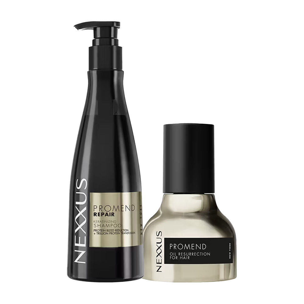 Nexxus Promend Repair shampoo and conditioner bottles on a white background