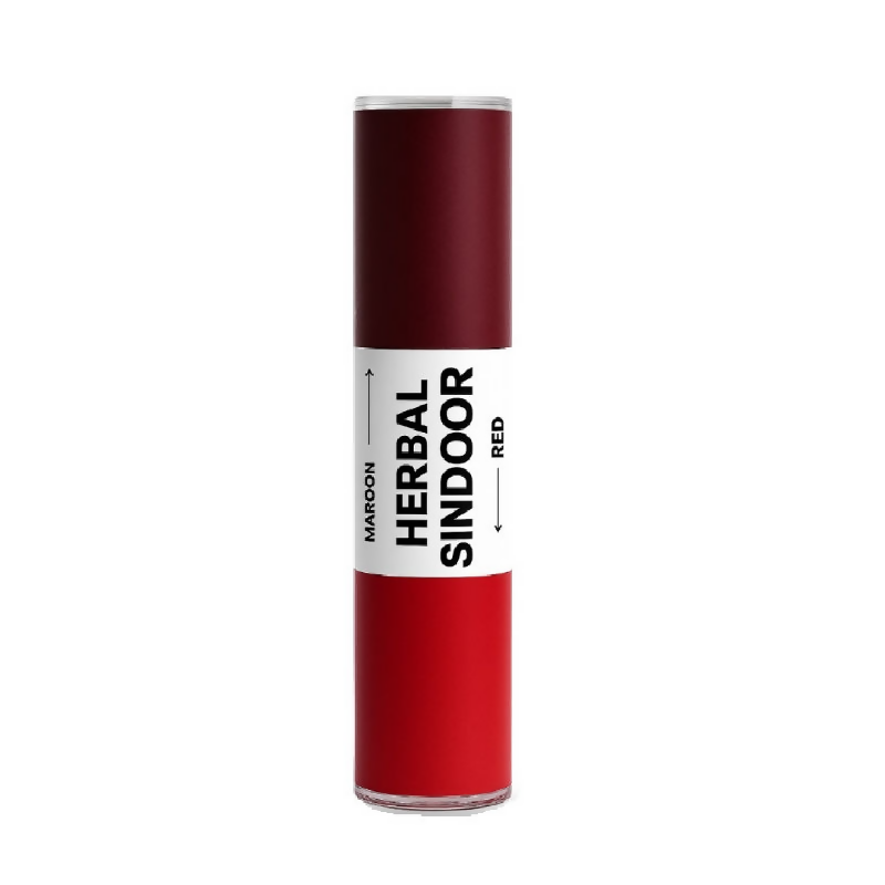 Red bottle of Herbal Sindoor with white label on a white background