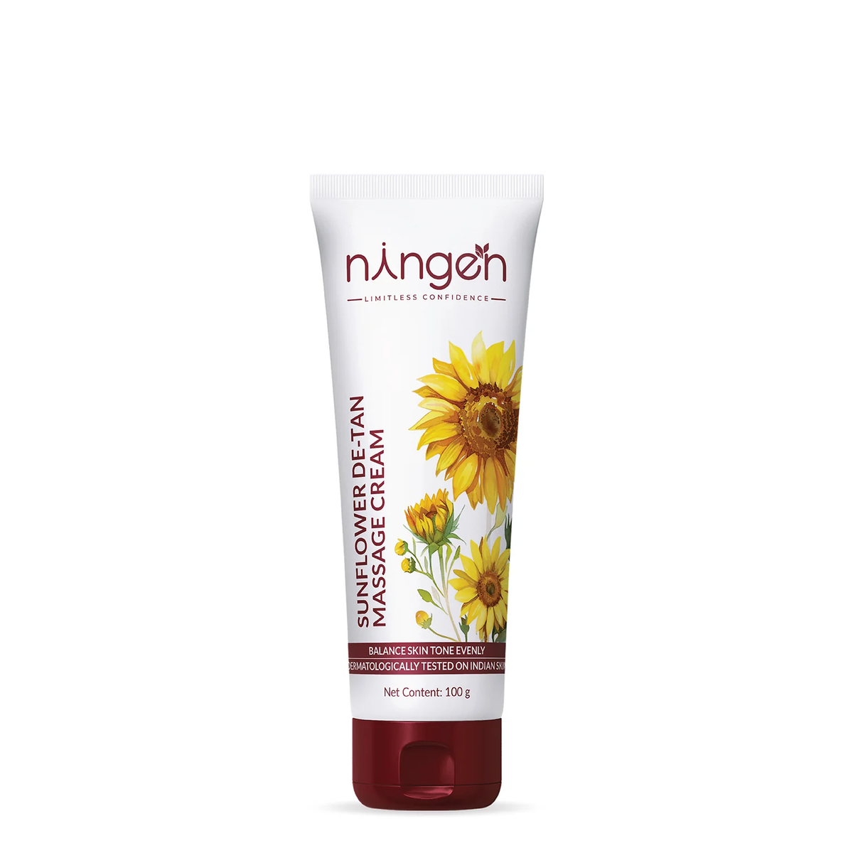 Tube of ningen Sunflower Detan Masque Cream with sunflower graphics on a white background