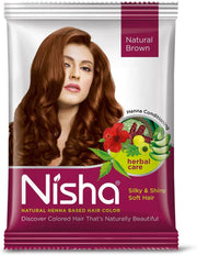 Nisha natural henna-based hair color package with a woman's face on it.