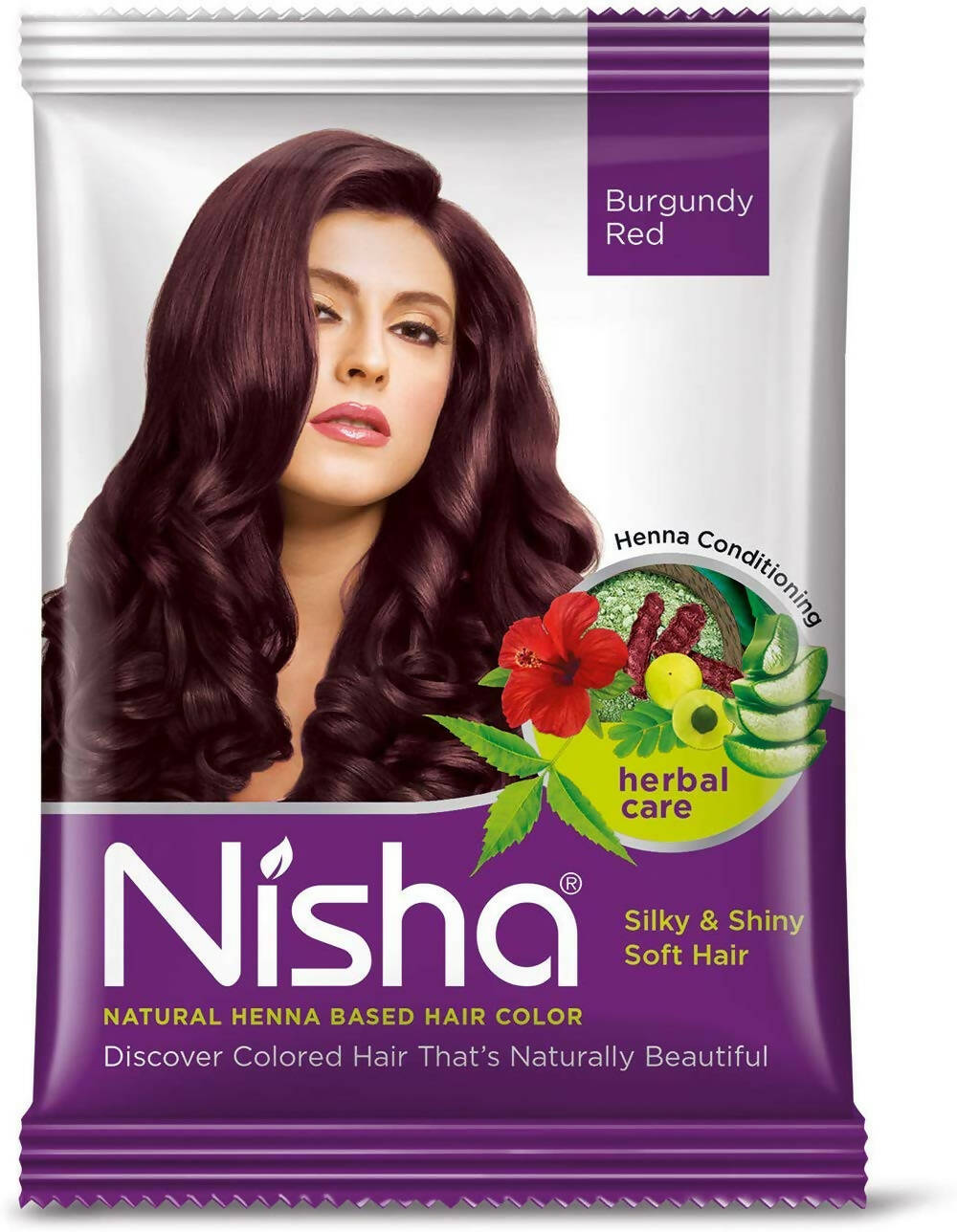 Nisha hair color package with a woman's face on a white background