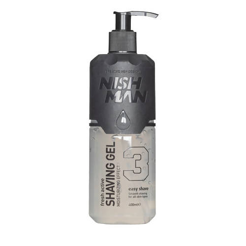 Shaving gel bottle with pump dispenser on a white background