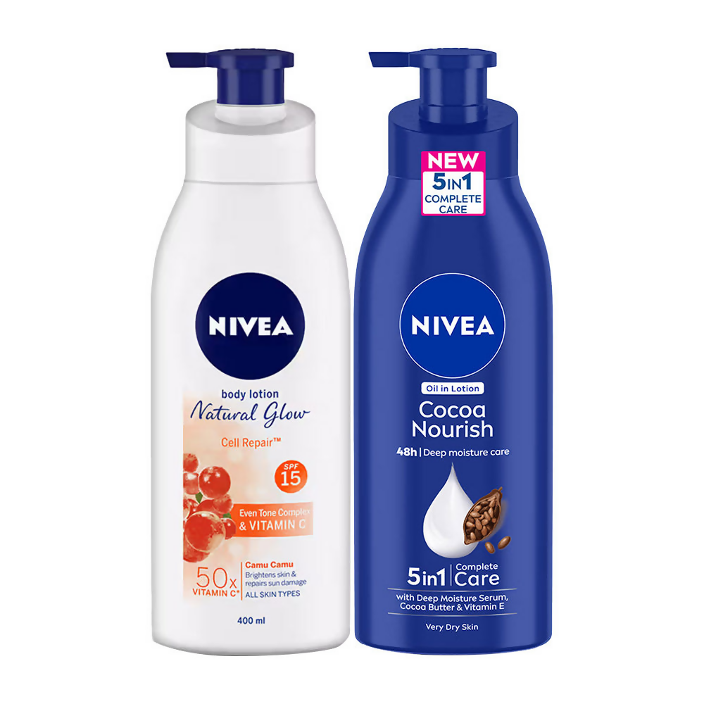 Two Nivea body lotions, one white and one blue, on a white background.