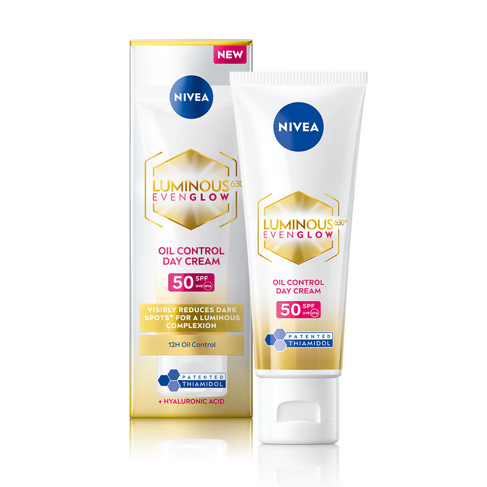 Nivea Luminous Even Glow oil control day cream packaging on a white background