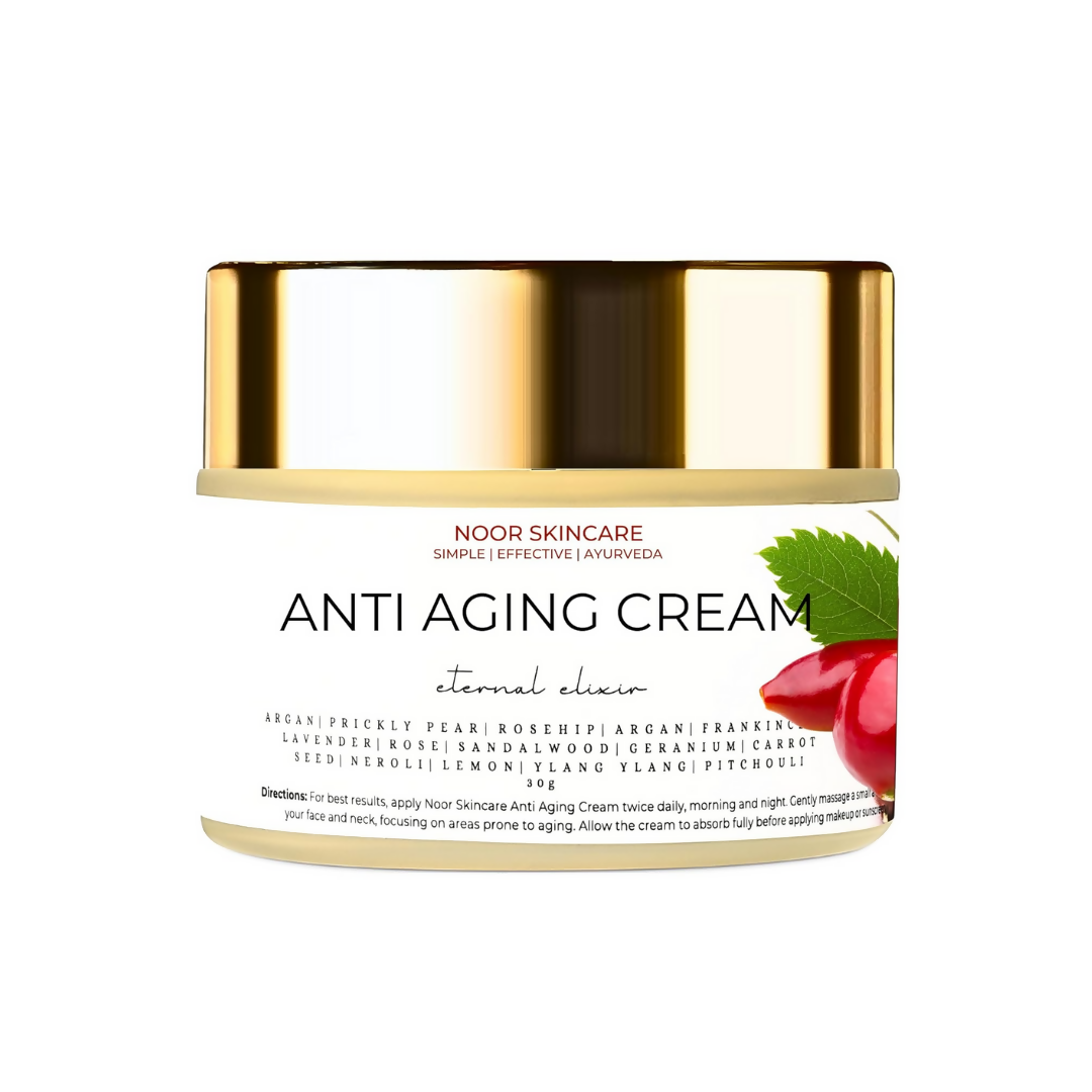 Noor Skincare anti-aging cream jar with gold lid on a white background