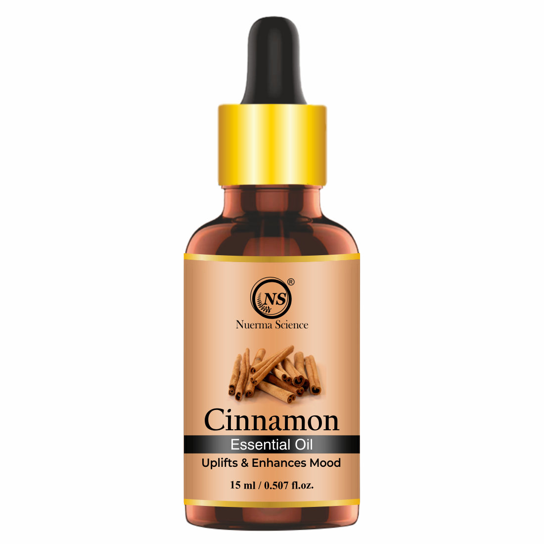 Bottle of cinnamon essential oil with a dropper on a white background