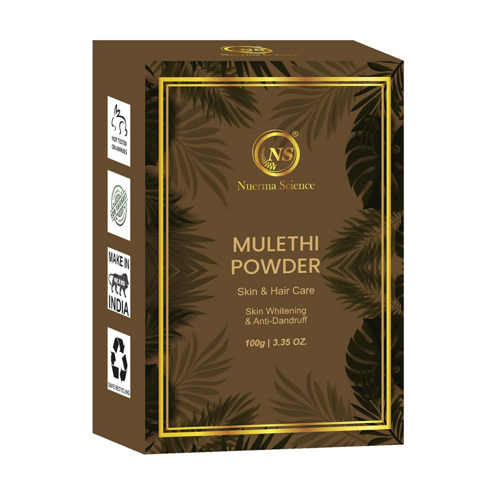 Box of Nurmra Science Mulethi Powder with leaf design on a white background