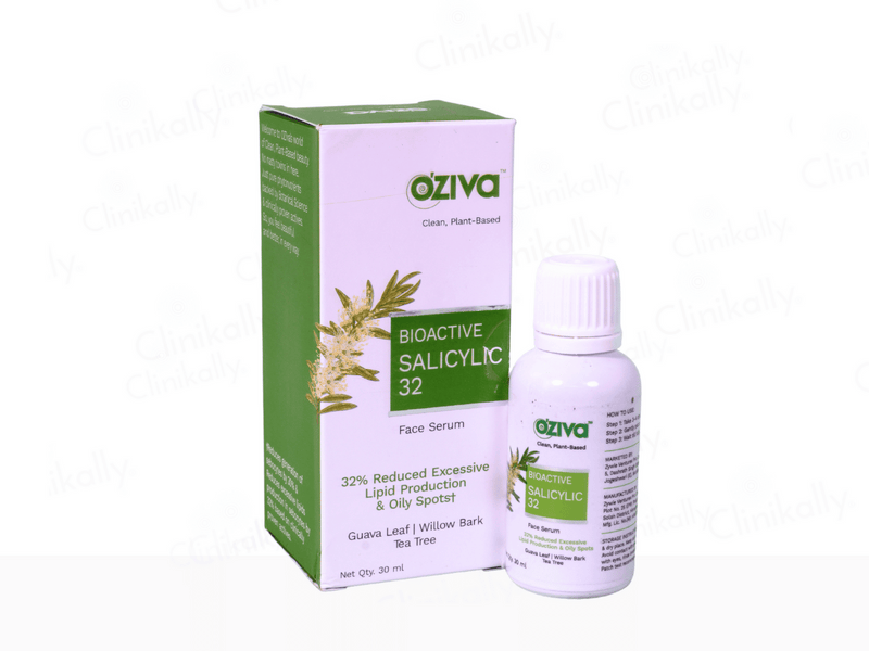 Oziva Bioactive Salicylic 32 face serum bottle and packaging on a white background