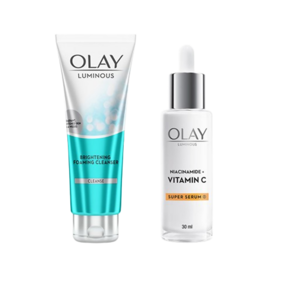 Olay Luminous Brightening Foaming Cleanser and Vitamin C Super Serum on a white background